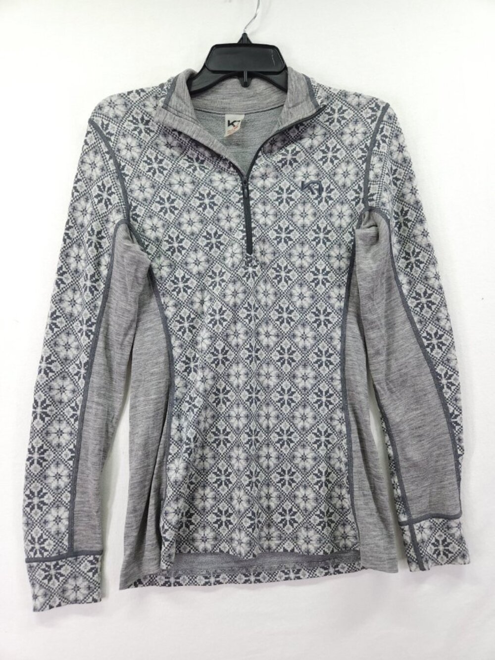 Kari Traa Womens Large Gray 100% Wool Half Zip Fair Isle Baselayer Top